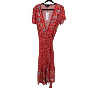 Aakaa Red Floral Print Wrap Dress Women's Size S Short Sleeve Boho Chic